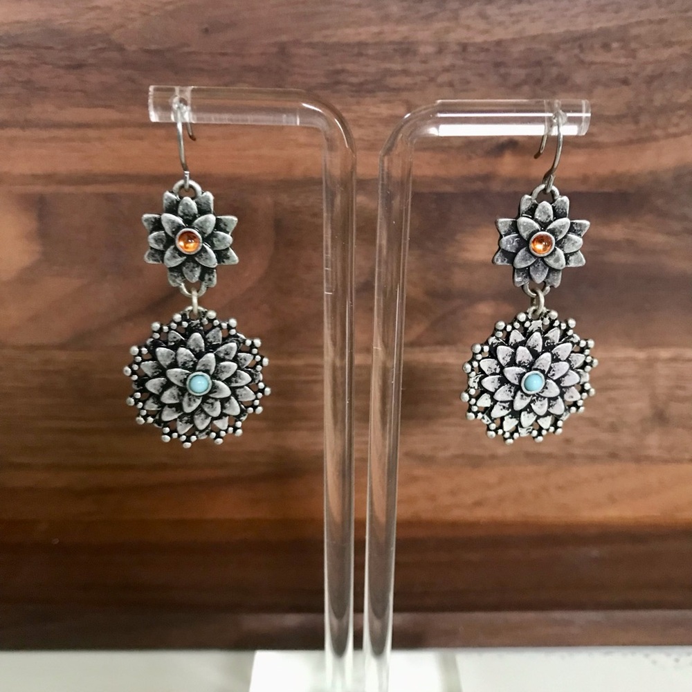 Floral Drop Earrings Turquoise Amber Color Accents Cottagecore Boho Nature